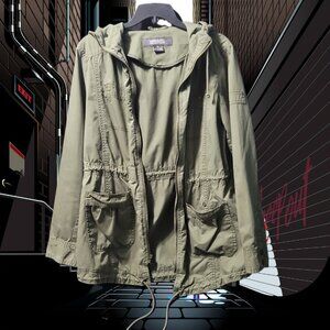 KENNETH COLE REACTION WOMEN'S GREEN HOODED LOGN SLEEVE ZIP TIE WAIST JACKET L